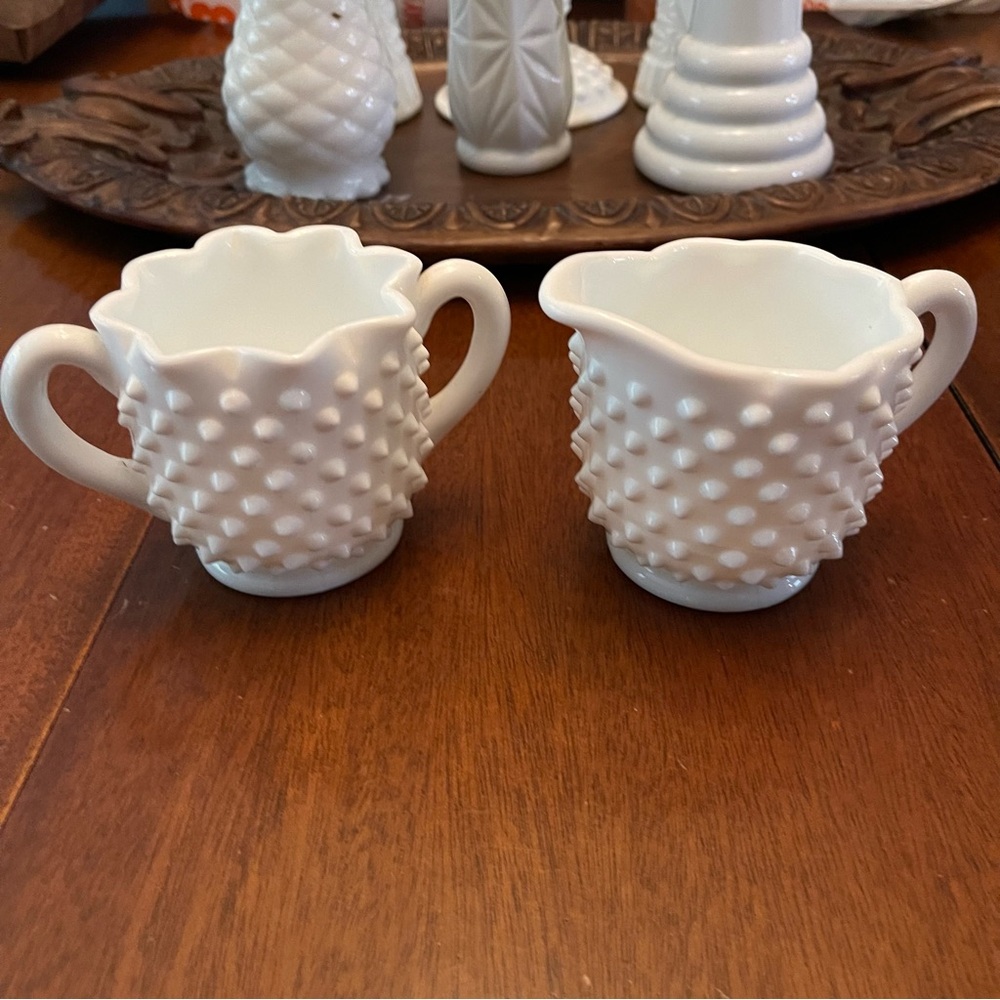 Vintage Fenton Hobnail Milk Glass Sugar and Creamer Set
